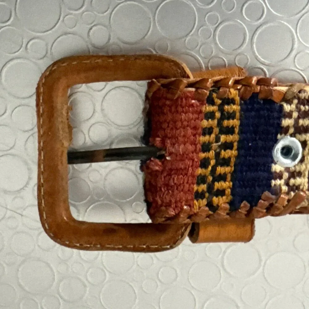 Vintage Handmade Guatemala Woven Belt 36 Cotton Leather Aztec Folk Art